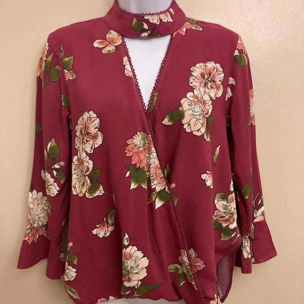 Indigo Rein Small Rayon Blouse in Maroon with Floral Pattern